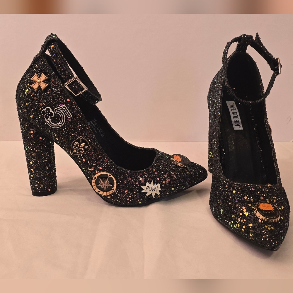 Cape Robbin Embellished Black Glitter Block Heels